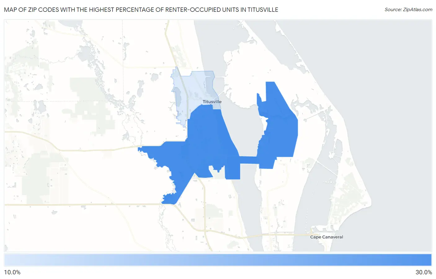 Zip Codes with the Highest Percentage of Renter-Occupied Units in Titusville Map