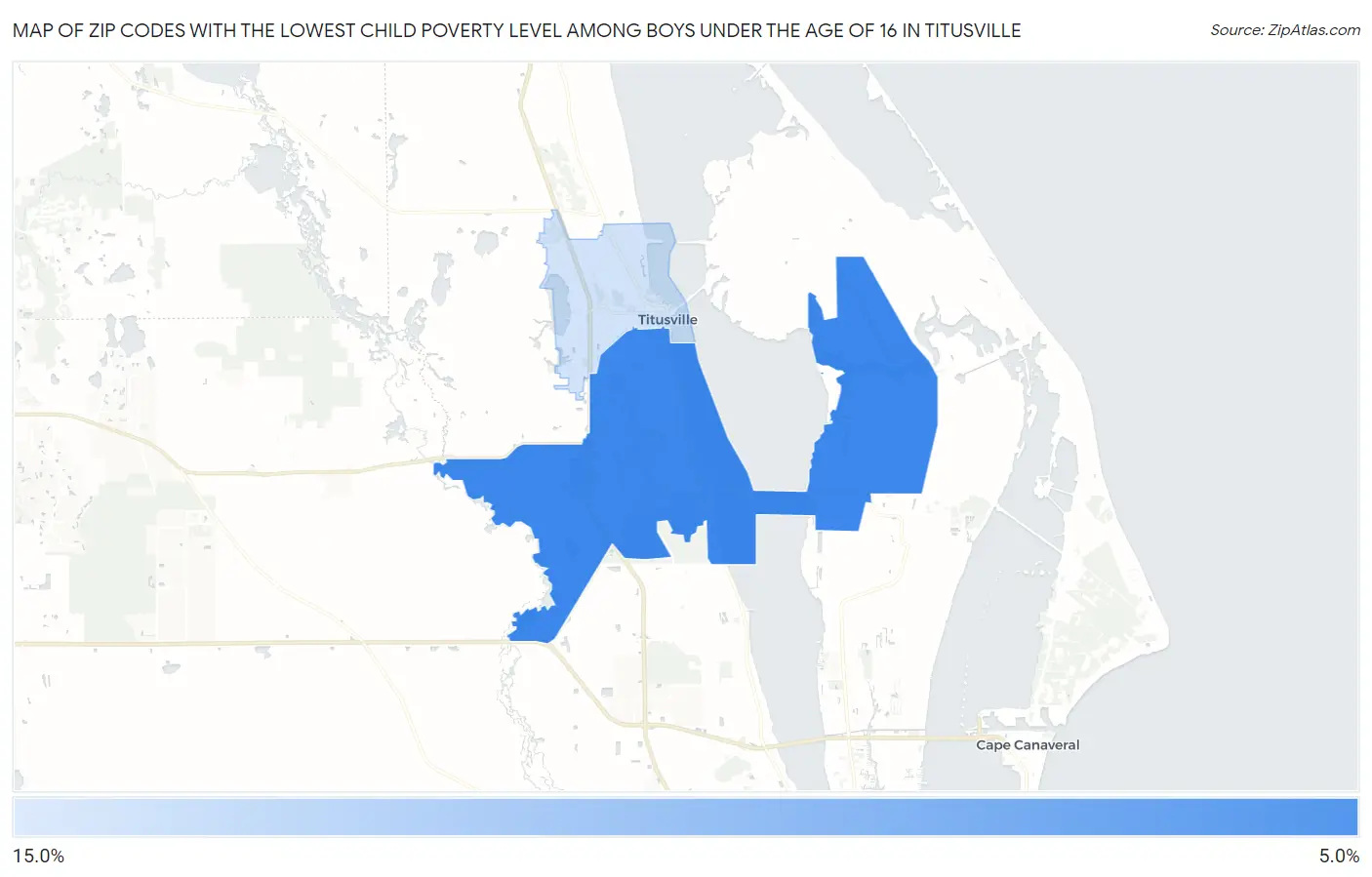Zip Codes with the Lowest Child Poverty Level Among Boys Under the Age of 16 in Titusville Map