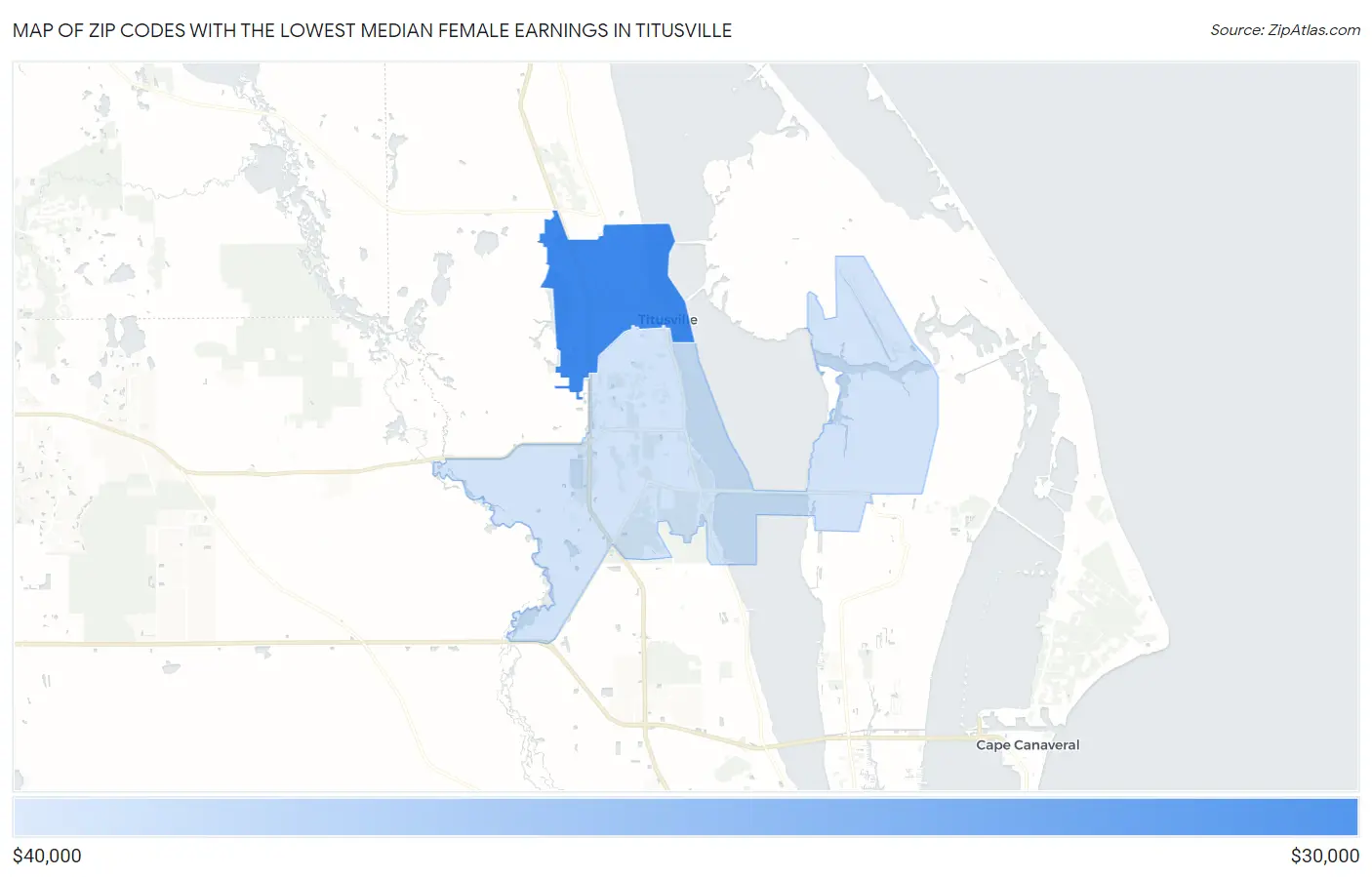 Zip Codes with the Lowest Median Female Earnings in Titusville Map
