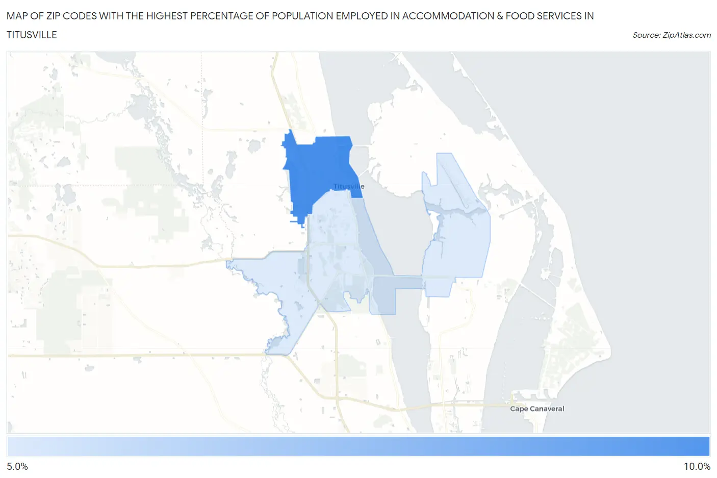 Zip Codes with the Highest Percentage of Population Employed in Accommodation & Food Services in Titusville Map