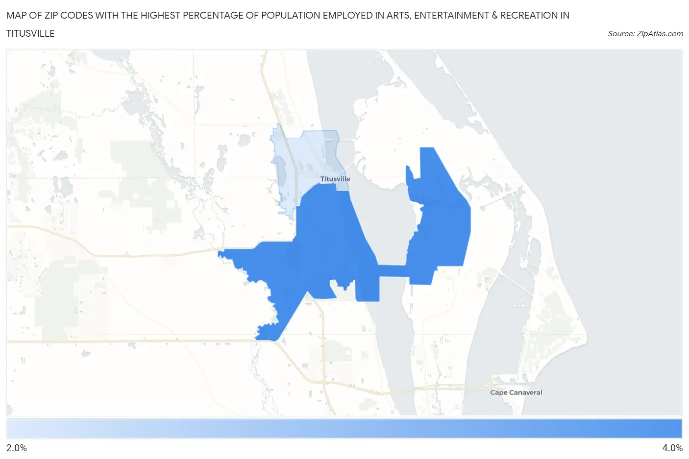 Zip Codes with the Highest Percentage of Population Employed in Arts, Entertainment & Recreation in Titusville Map