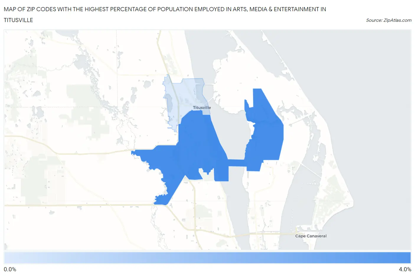 Zip Codes with the Highest Percentage of Population Employed in Arts, Media & Entertainment in Titusville Map