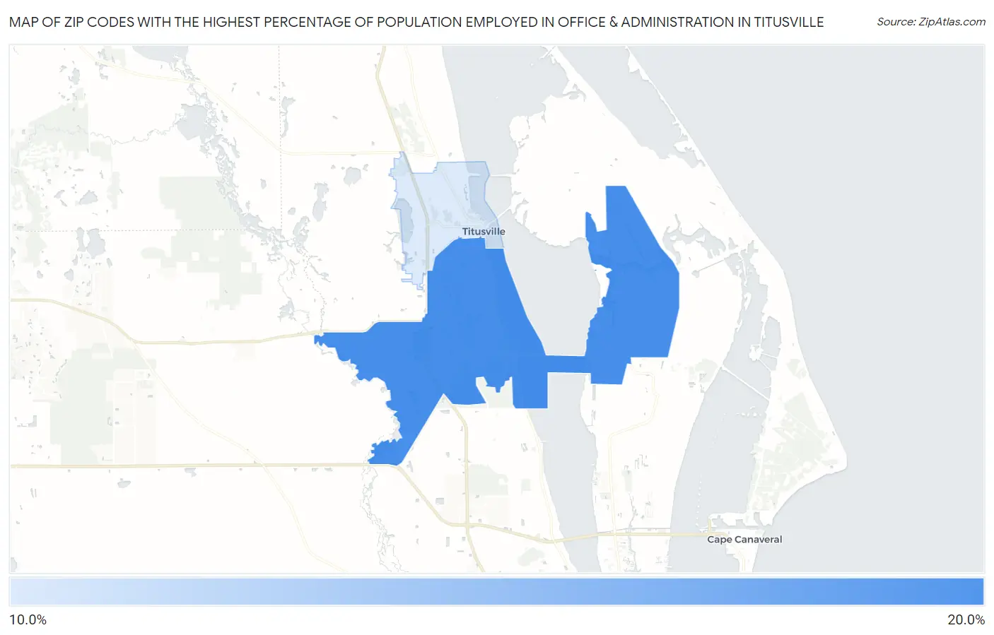 Zip Codes with the Highest Percentage of Population Employed in Office & Administration in Titusville Map