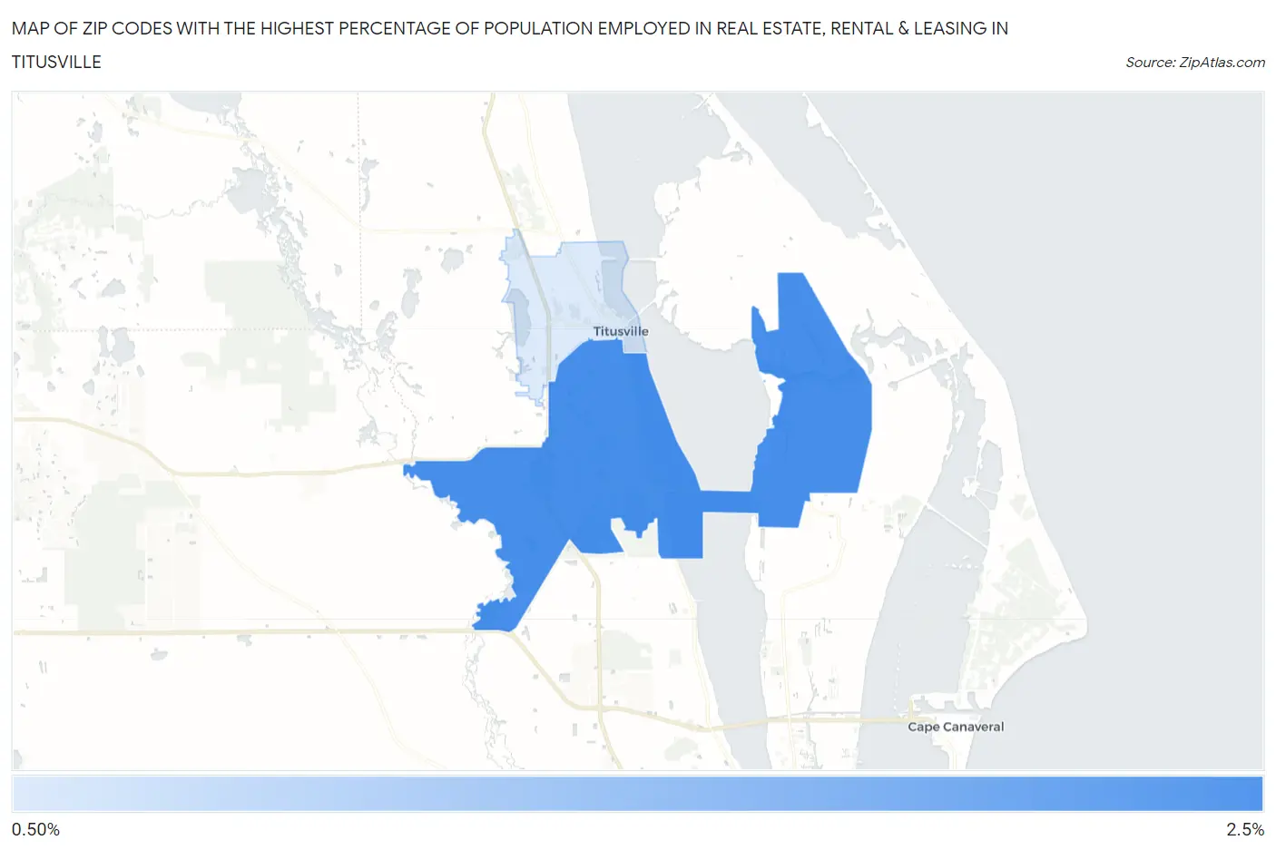 Zip Codes with the Highest Percentage of Population Employed in Real Estate, Rental & Leasing in Titusville Map
