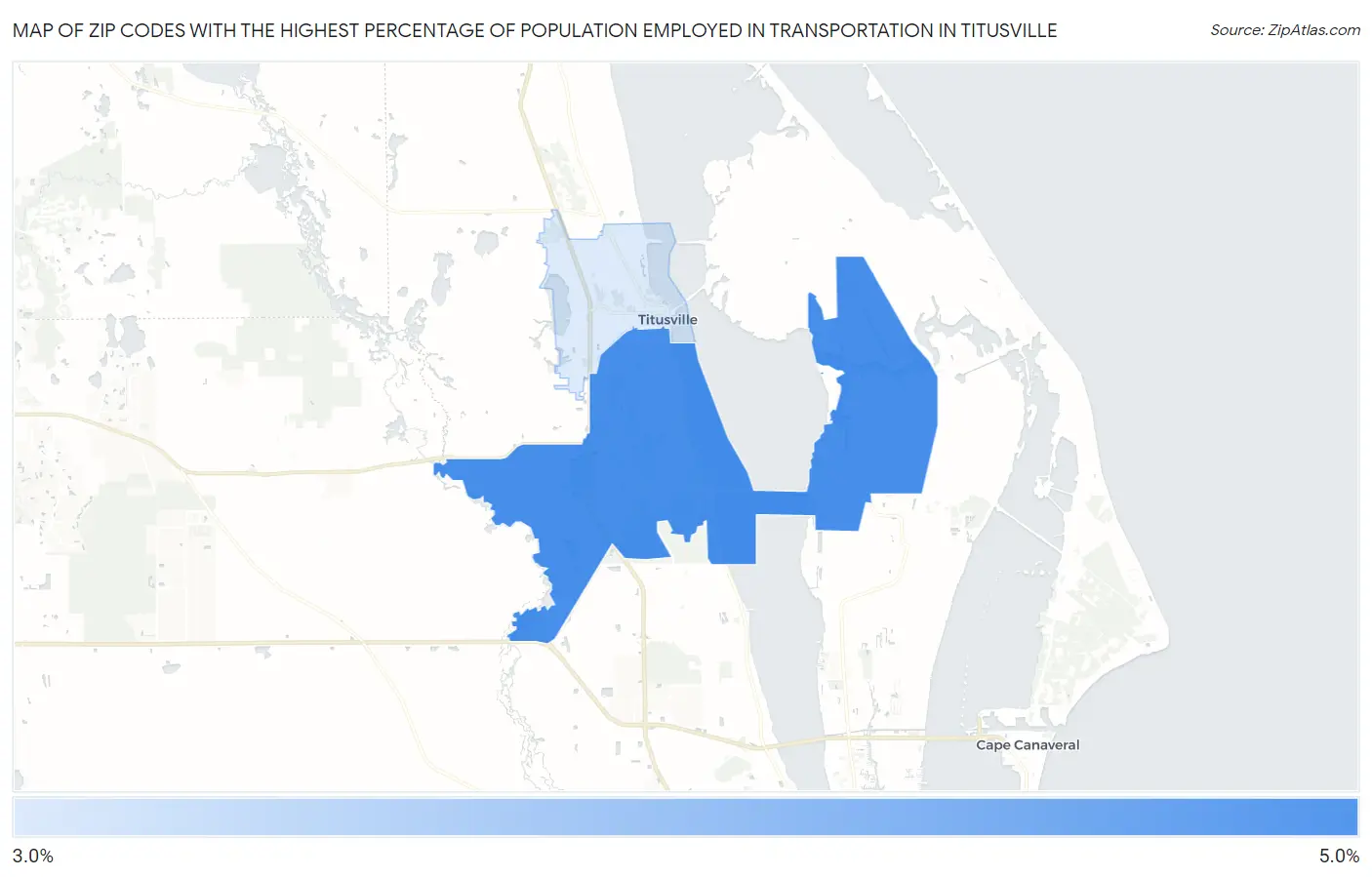 Zip Codes with the Highest Percentage of Population Employed in Transportation in Titusville Map