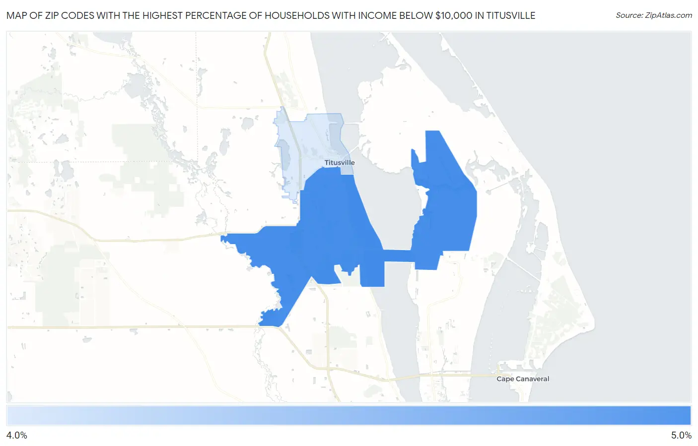 Zip Codes with the Highest Percentage of Households with Income Below $10,000 in Titusville Map