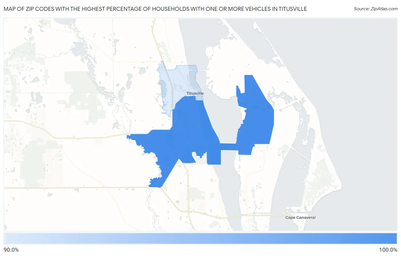 Zip Codes with the Highest Percentage of Households With One or more Vehicles in Titusville Map