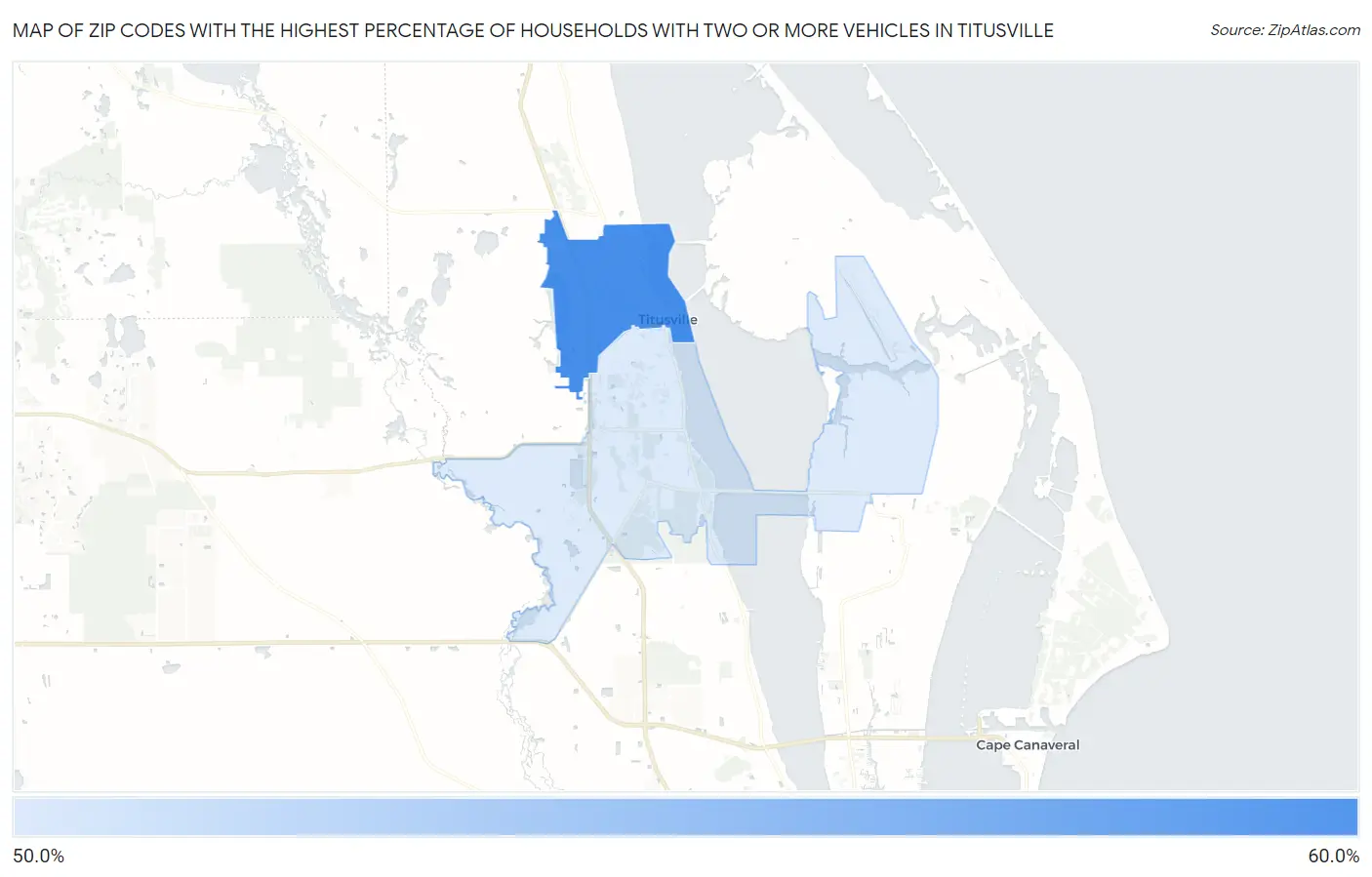 Zip Codes with the Highest Percentage of Households With Two or more Vehicles in Titusville Map