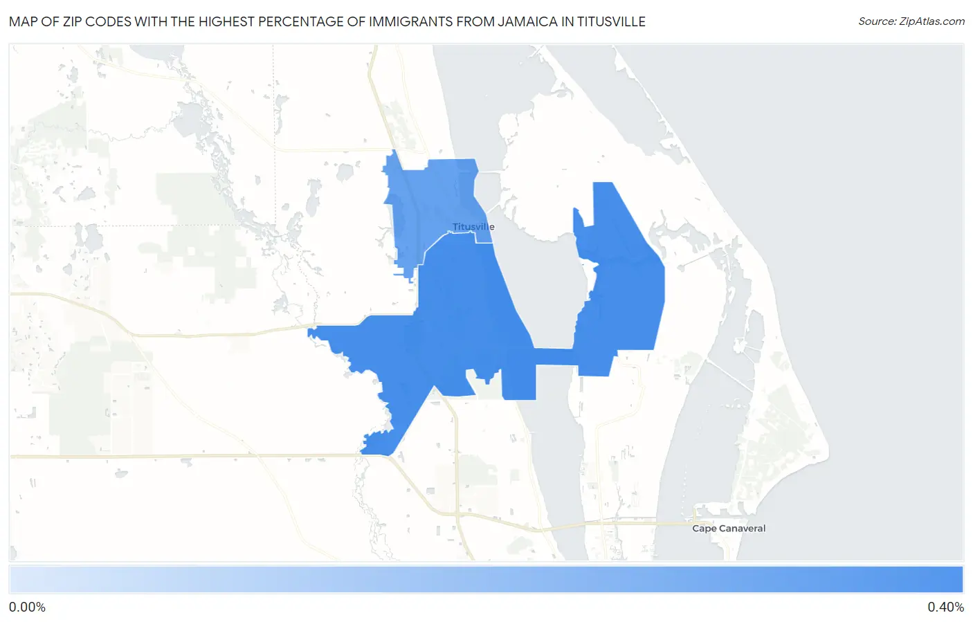 Zip Codes with the Highest Percentage of Immigrants from Jamaica in Titusville Map