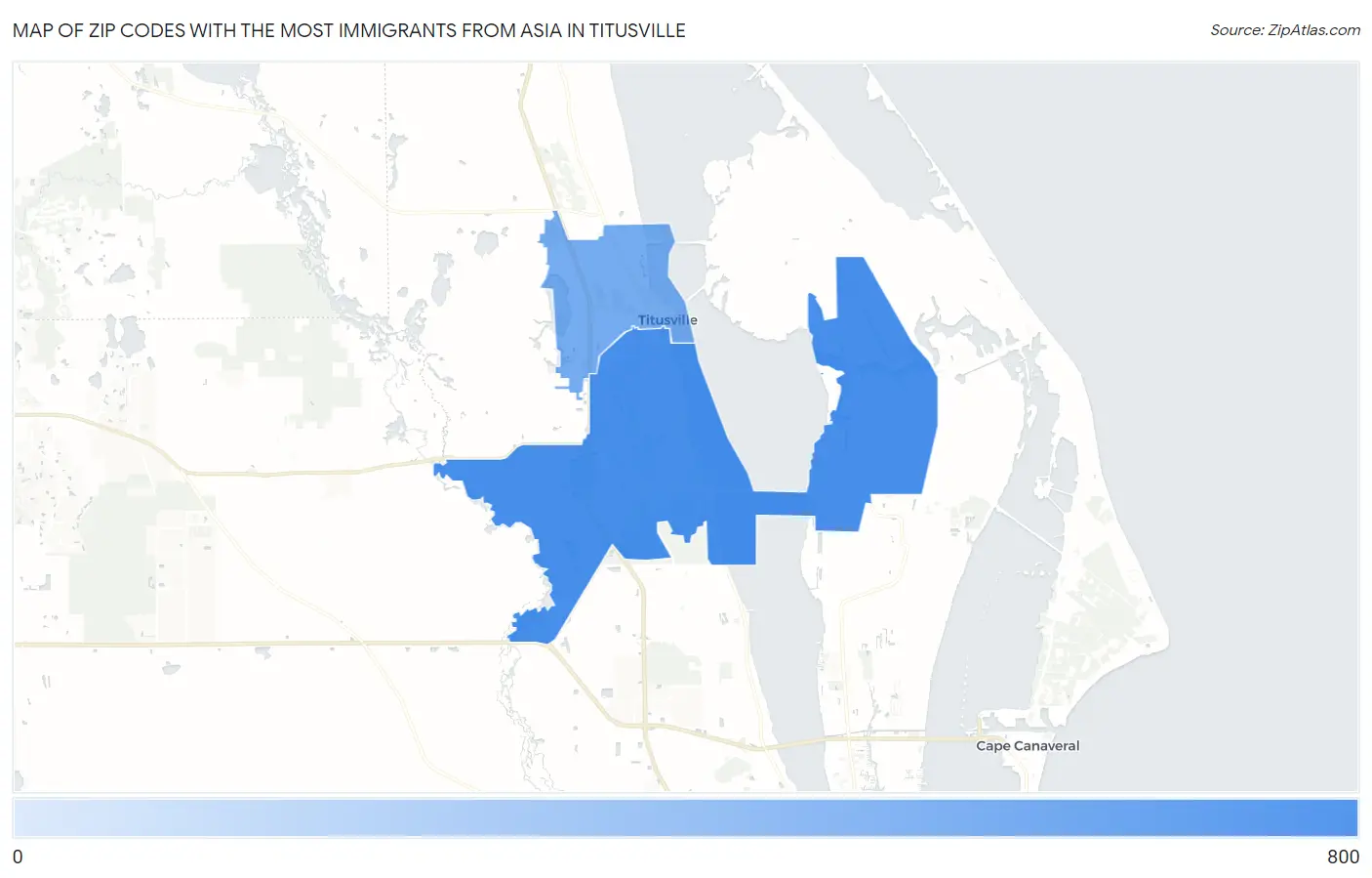 Zip Codes with the Most Immigrants from Asia in Titusville Map