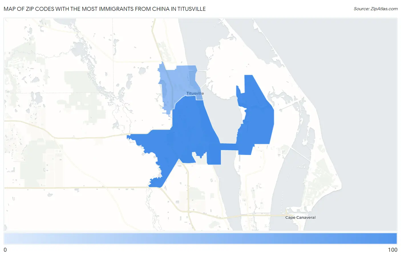 Zip Codes with the Most Immigrants from China in Titusville Map
