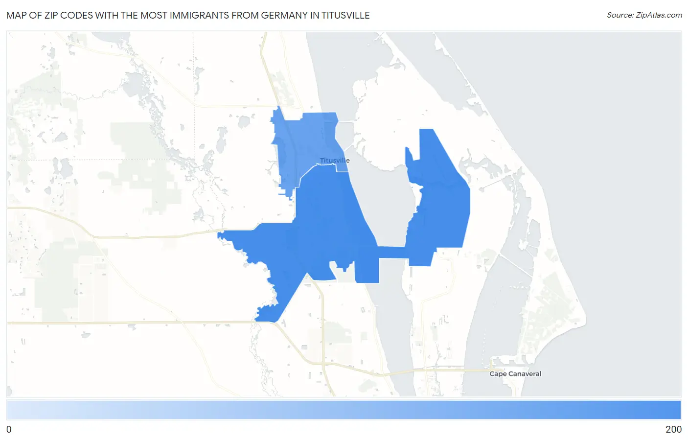 Zip Codes with the Most Immigrants from Germany in Titusville Map