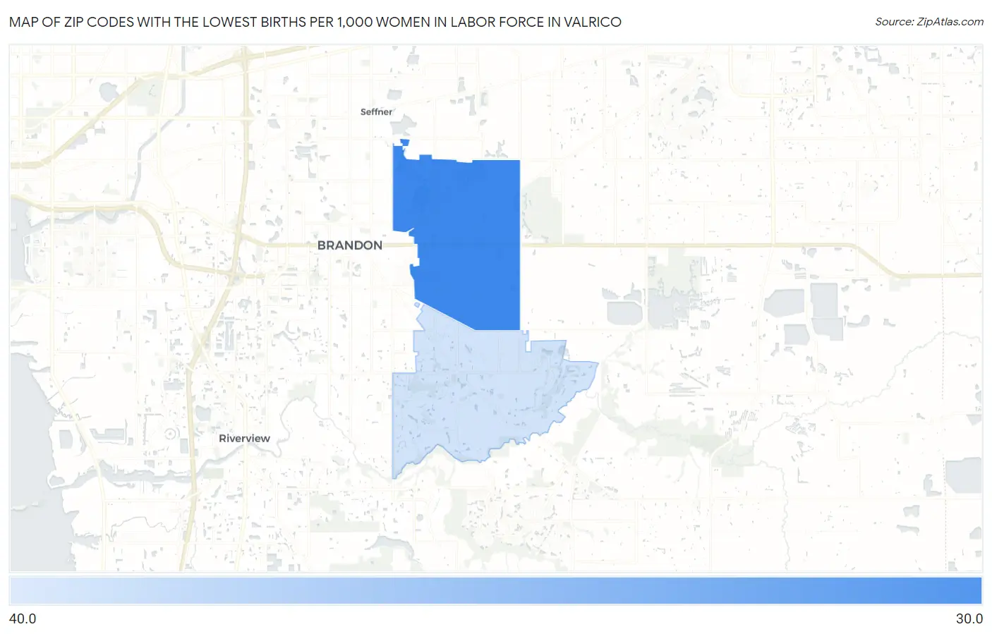 Zip Codes with the Lowest Births per 1,000 Women in Labor Force in Valrico Map
