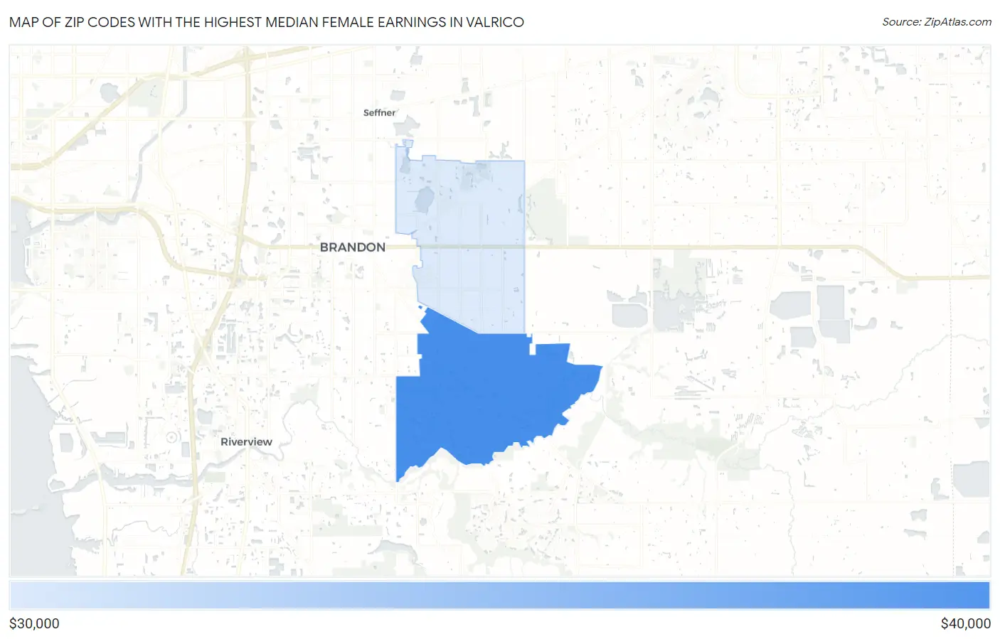 Zip Codes with the Highest Median Female Earnings in Valrico Map