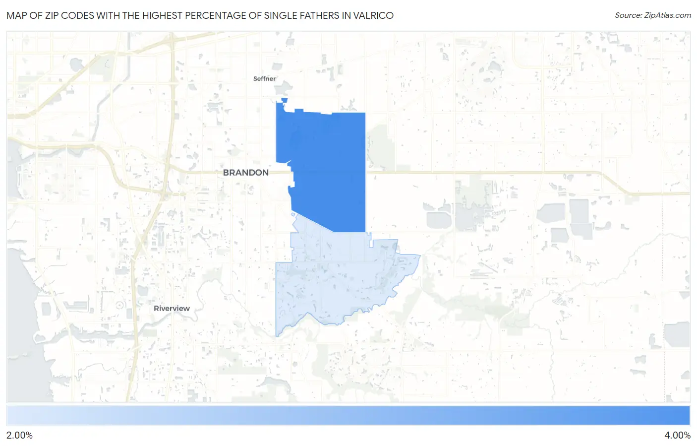 Zip Codes with the Highest Percentage of Single Fathers in Valrico Map