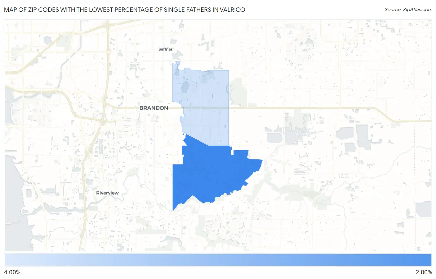 Zip Codes with the Lowest Percentage of Single Fathers in Valrico Map