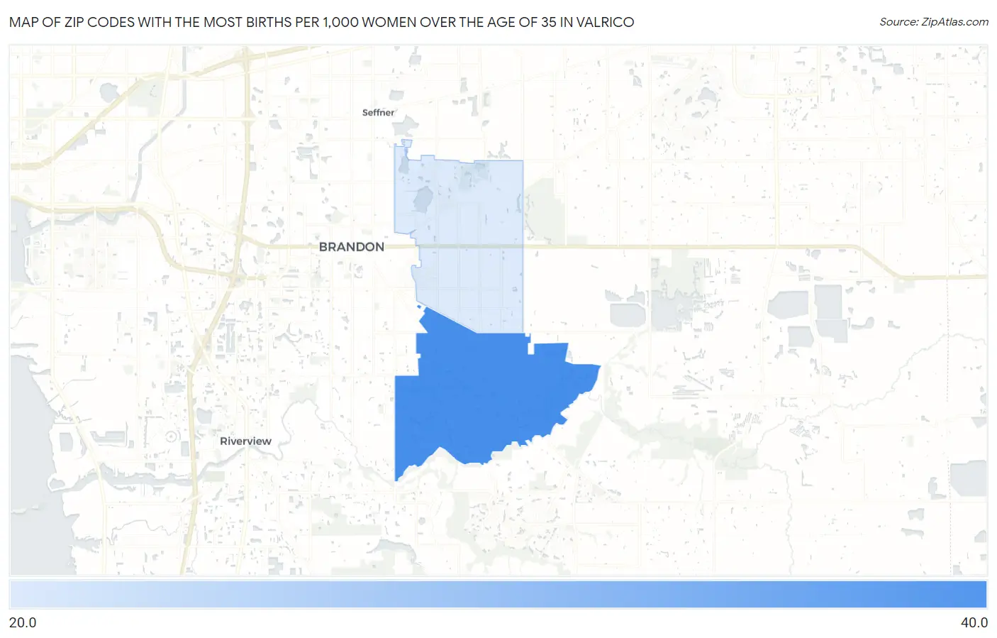 Zip Codes with the Most Births per 1,000 Women Over the Age of 35 in Valrico Map