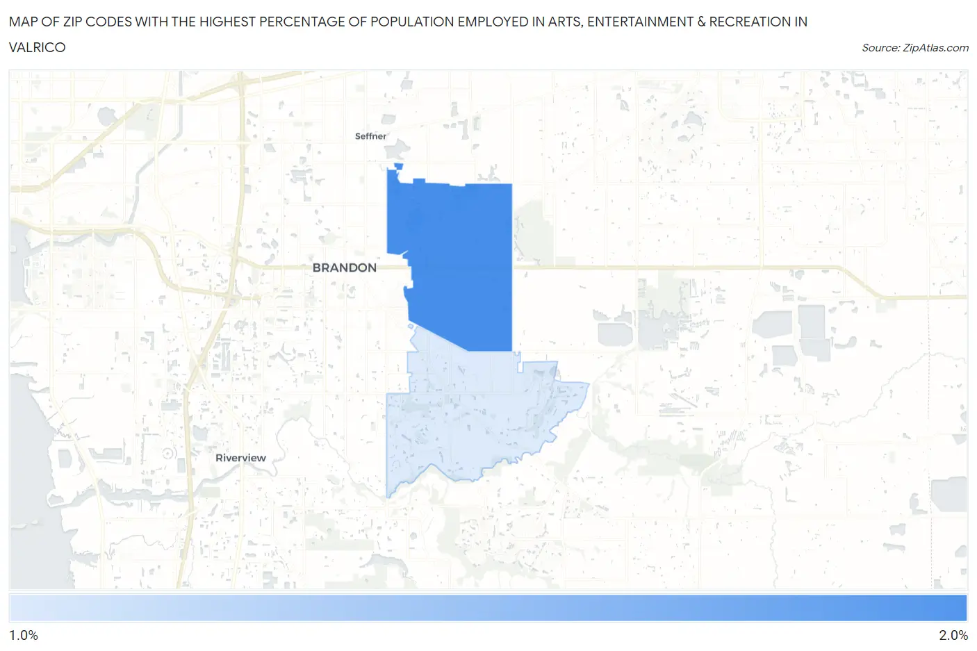 Zip Codes with the Highest Percentage of Population Employed in Arts, Entertainment & Recreation in Valrico Map