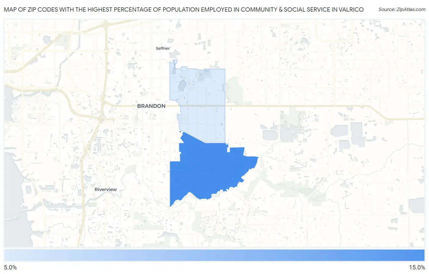 Zip Codes with the Highest Percentage of Population Employed in Community & Social Service  in Valrico Map