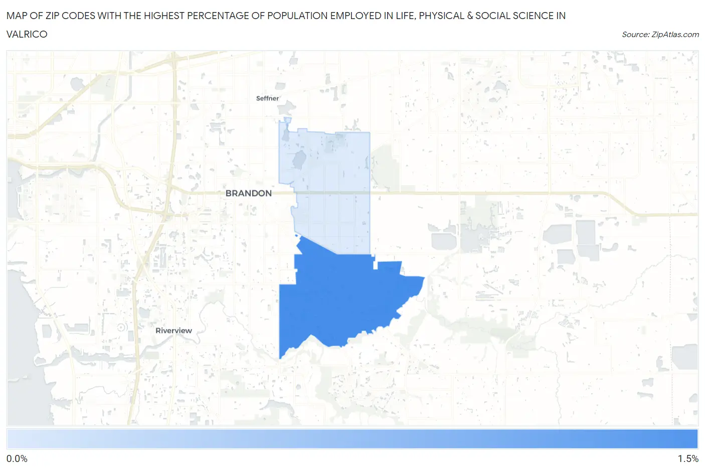 Zip Codes with the Highest Percentage of Population Employed in Life, Physical & Social Science in Valrico Map