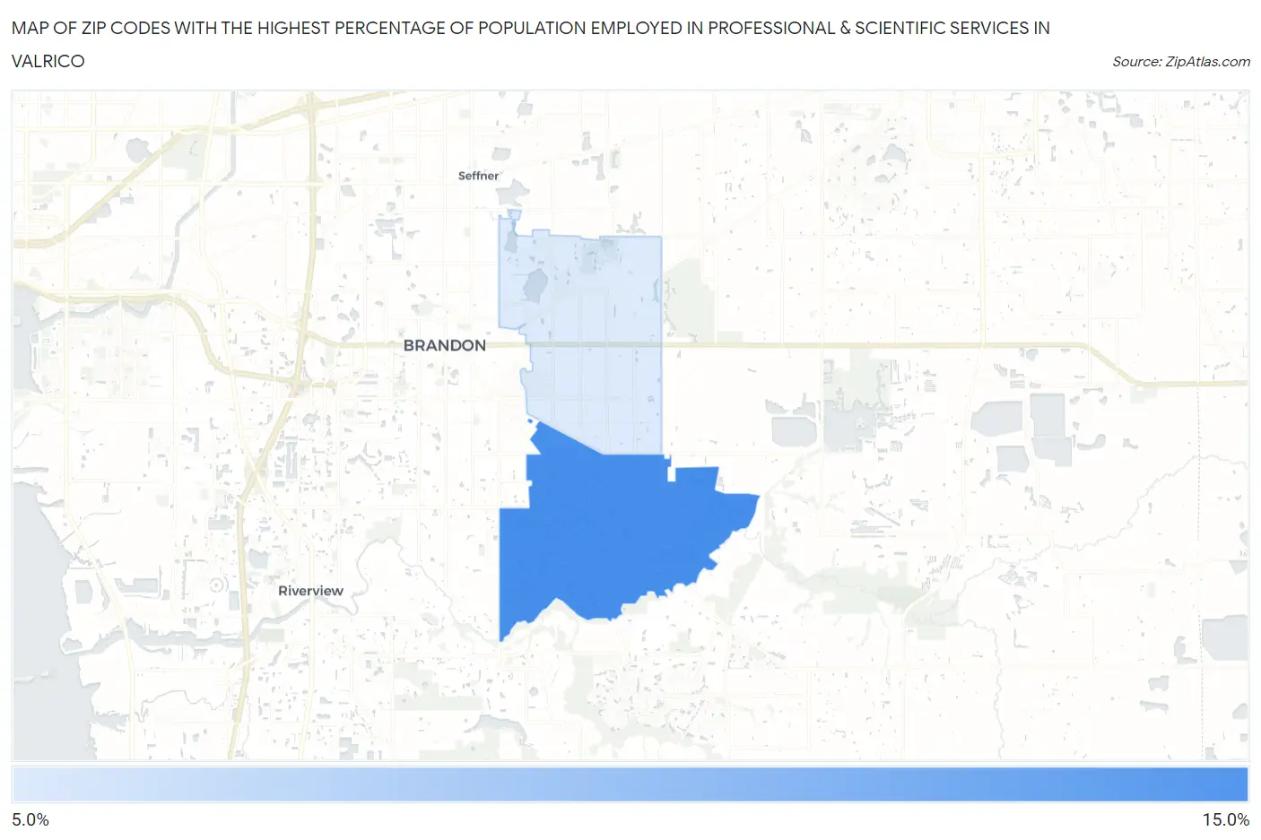Zip Codes with the Highest Percentage of Population Employed in Professional & Scientific Services in Valrico Map