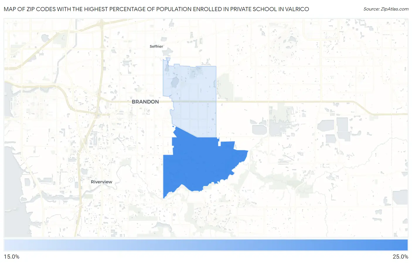 Zip Codes with the Highest Percentage of Population Enrolled in Private School in Valrico Map