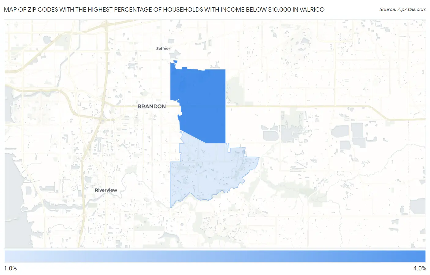 Zip Codes with the Highest Percentage of Households with Income Below $10,000 in Valrico Map