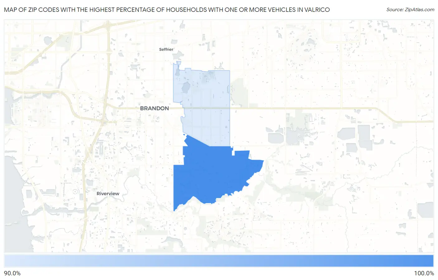 Zip Codes with the Highest Percentage of Households With One or more Vehicles in Valrico Map