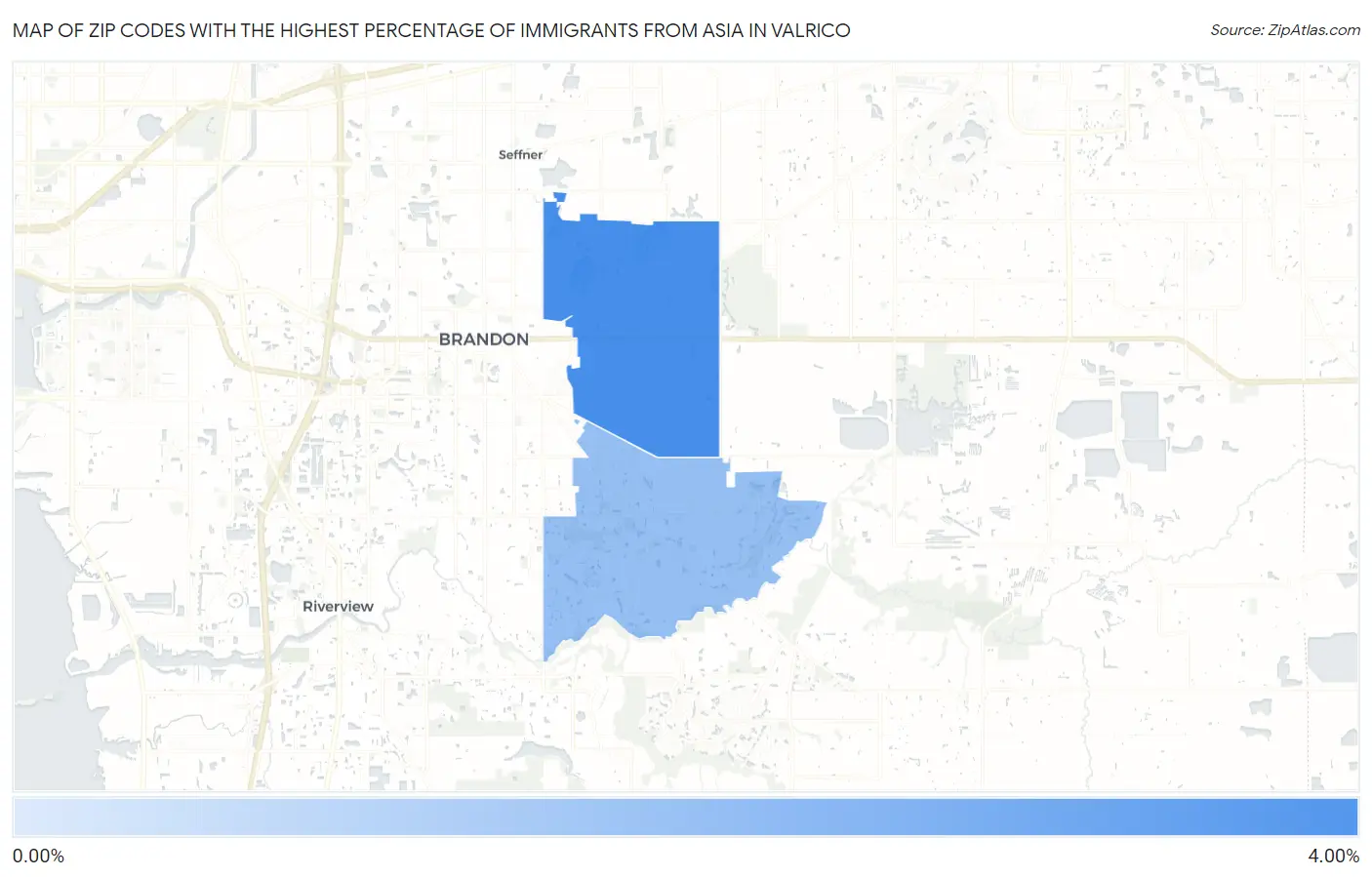 Zip Codes with the Highest Percentage of Immigrants from Asia in Valrico Map