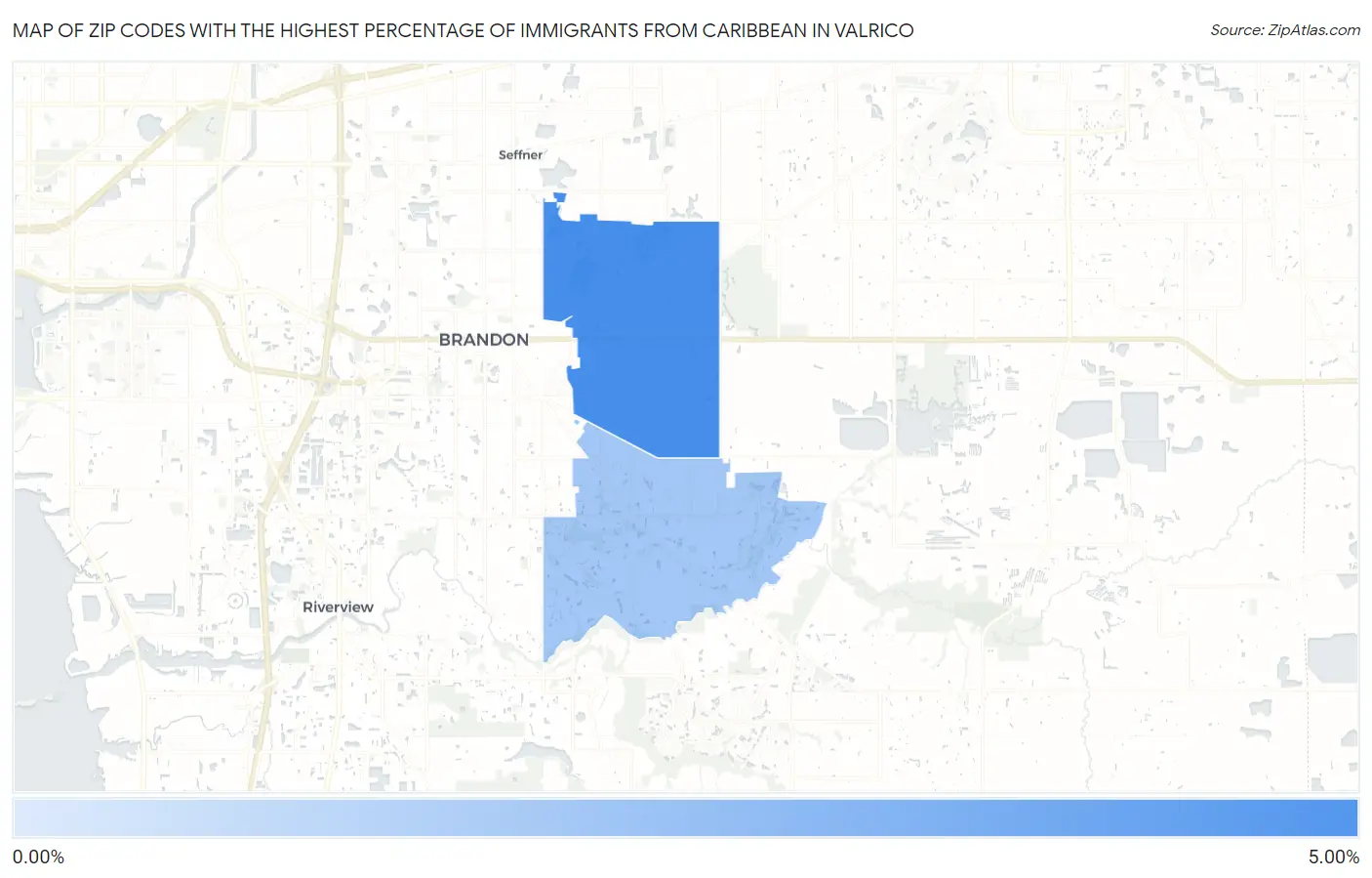 Zip Codes with the Highest Percentage of Immigrants from Caribbean in Valrico Map