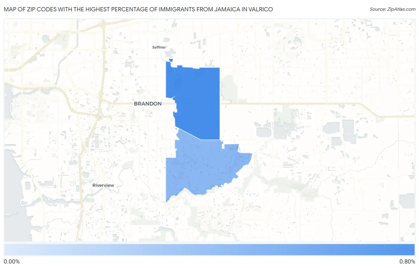 Zip Codes with the Highest Percentage of Immigrants from Jamaica in Valrico Map