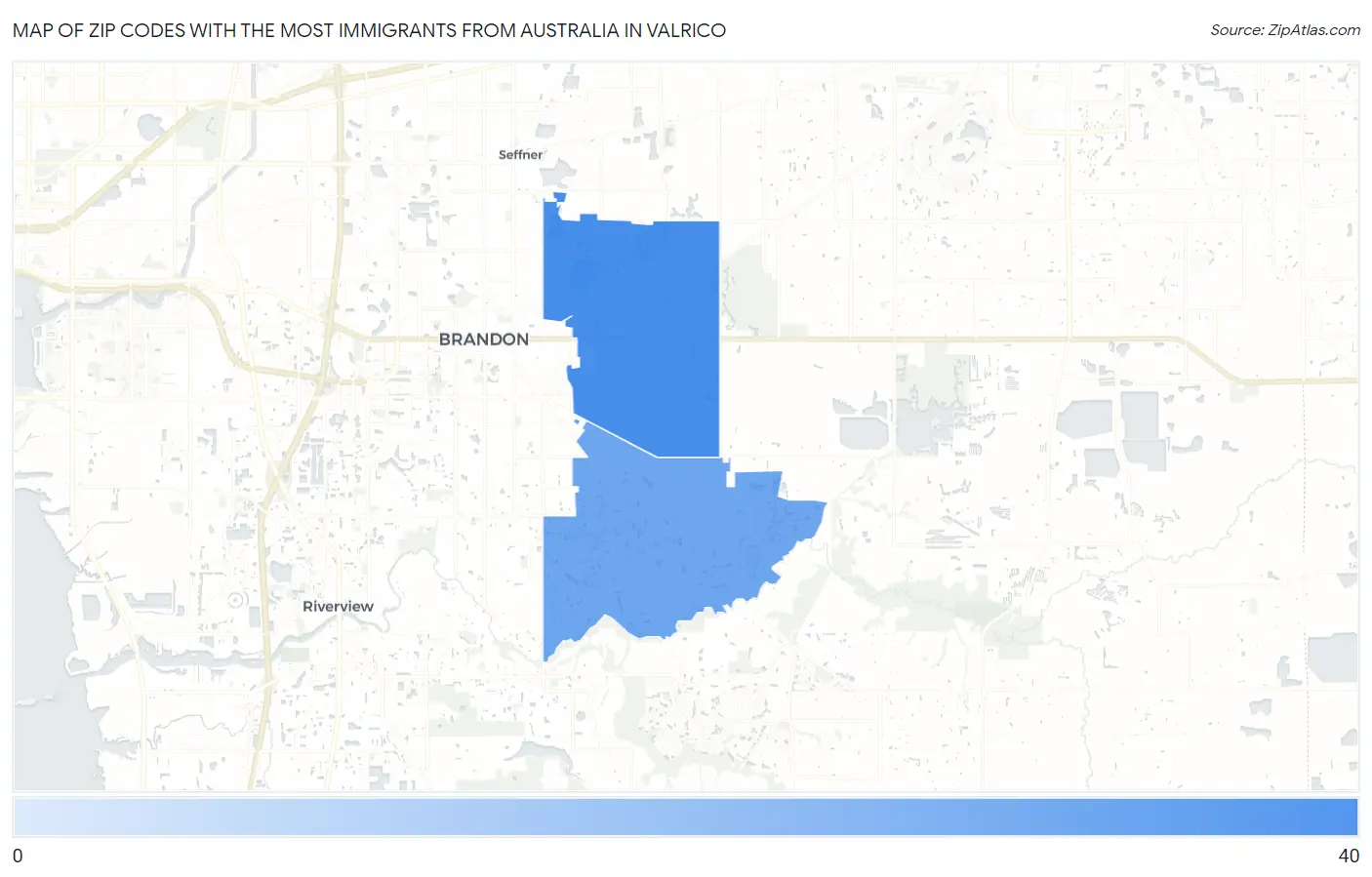 Zip Codes with the Most Immigrants from Australia in Valrico Map