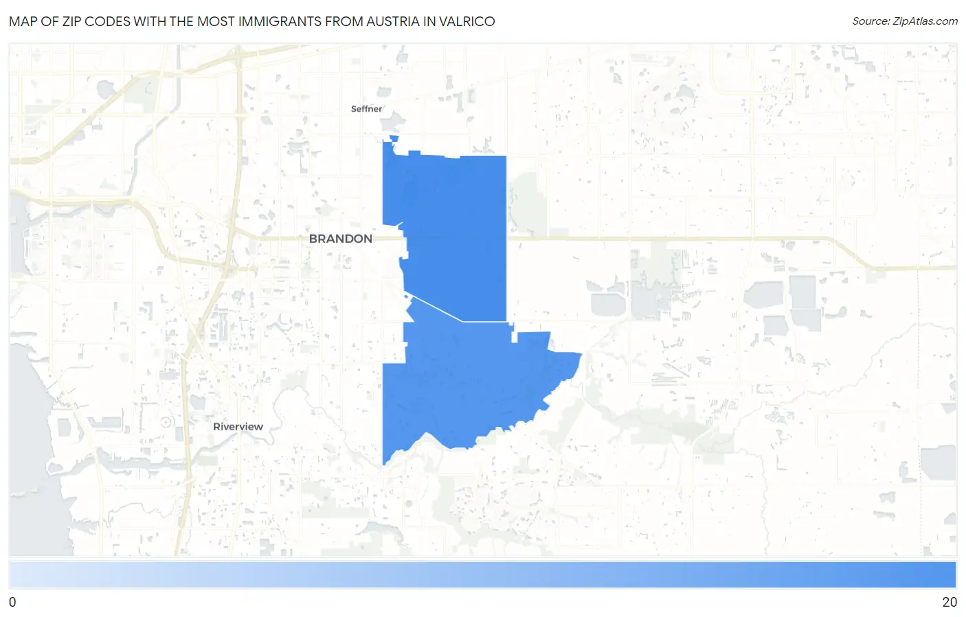 Zip Codes with the Most Immigrants from Austria in Valrico Map