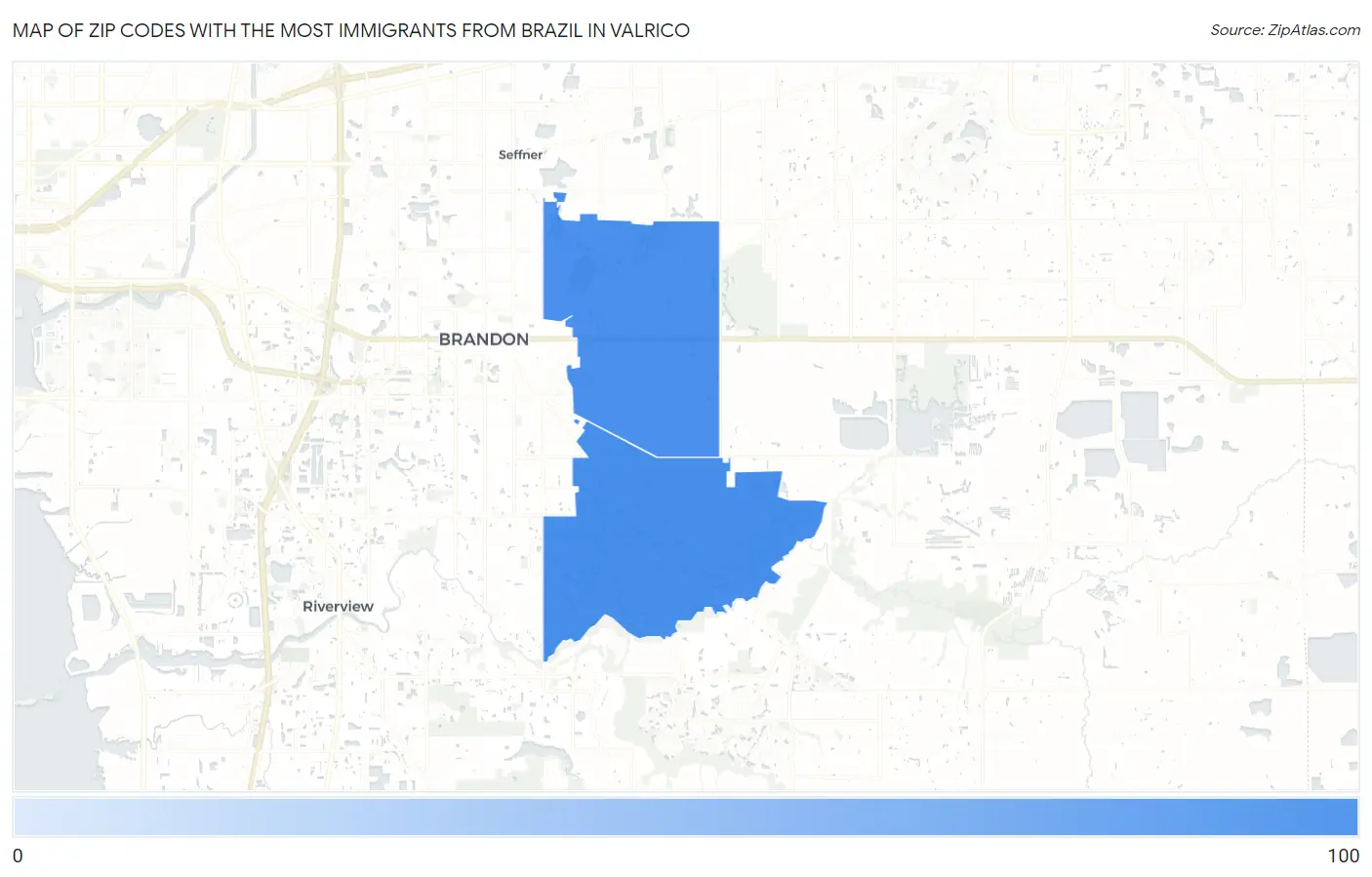 Zip Codes with the Most Immigrants from Brazil in Valrico Map