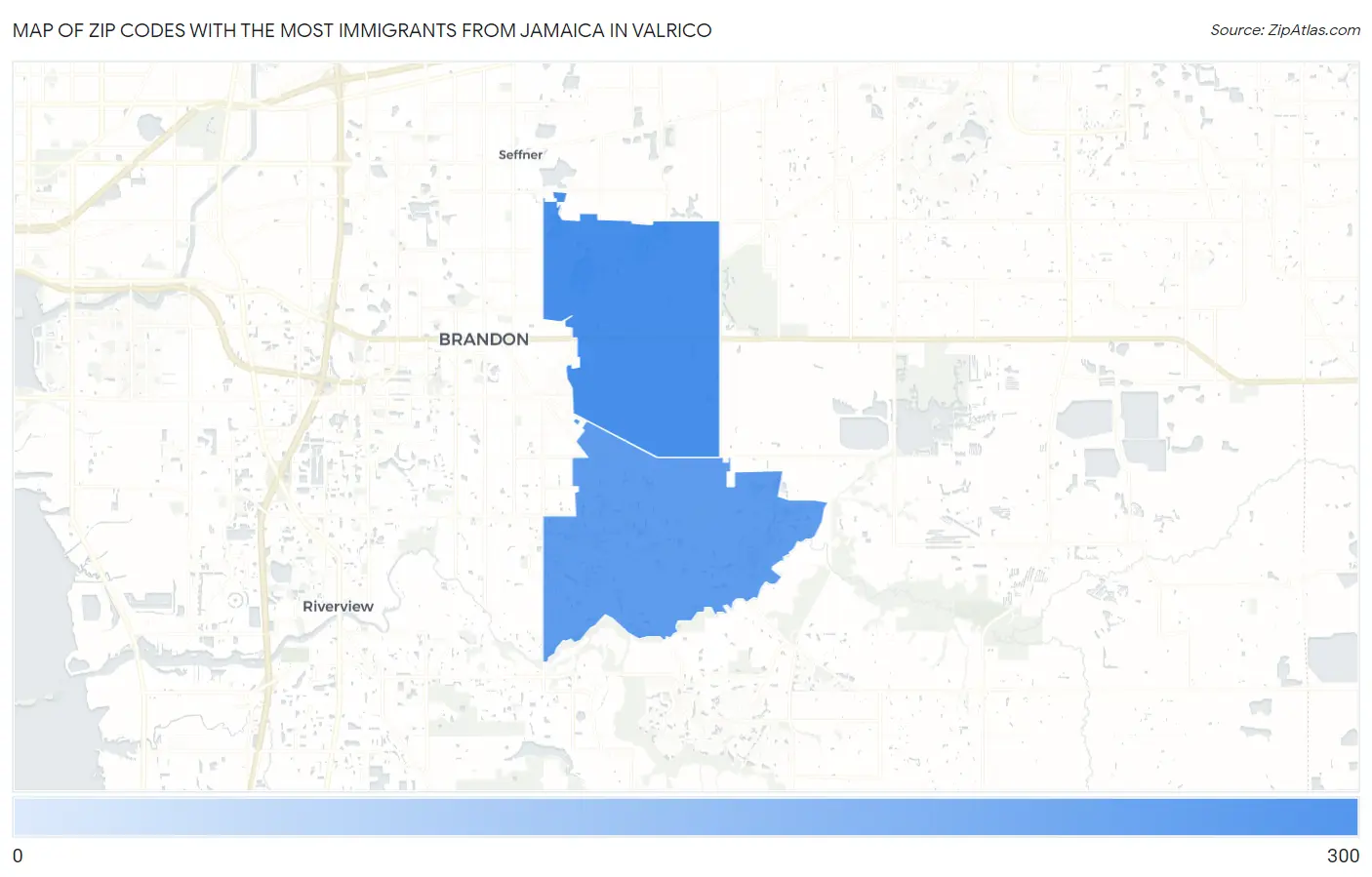 Zip Codes with the Most Immigrants from Jamaica in Valrico Map