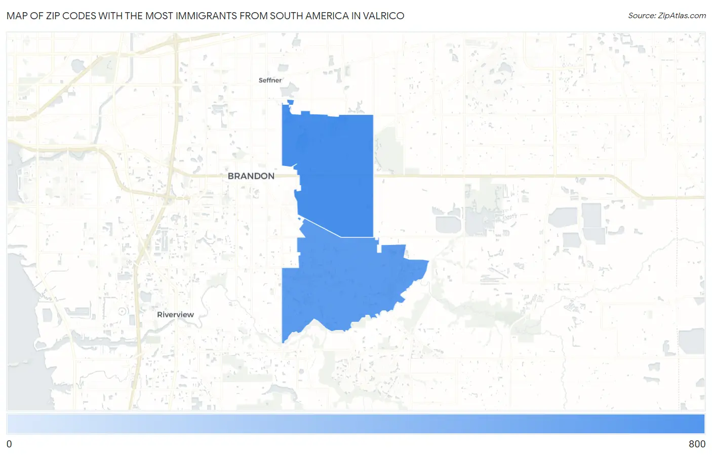 Zip Codes with the Most Immigrants from South America in Valrico Map