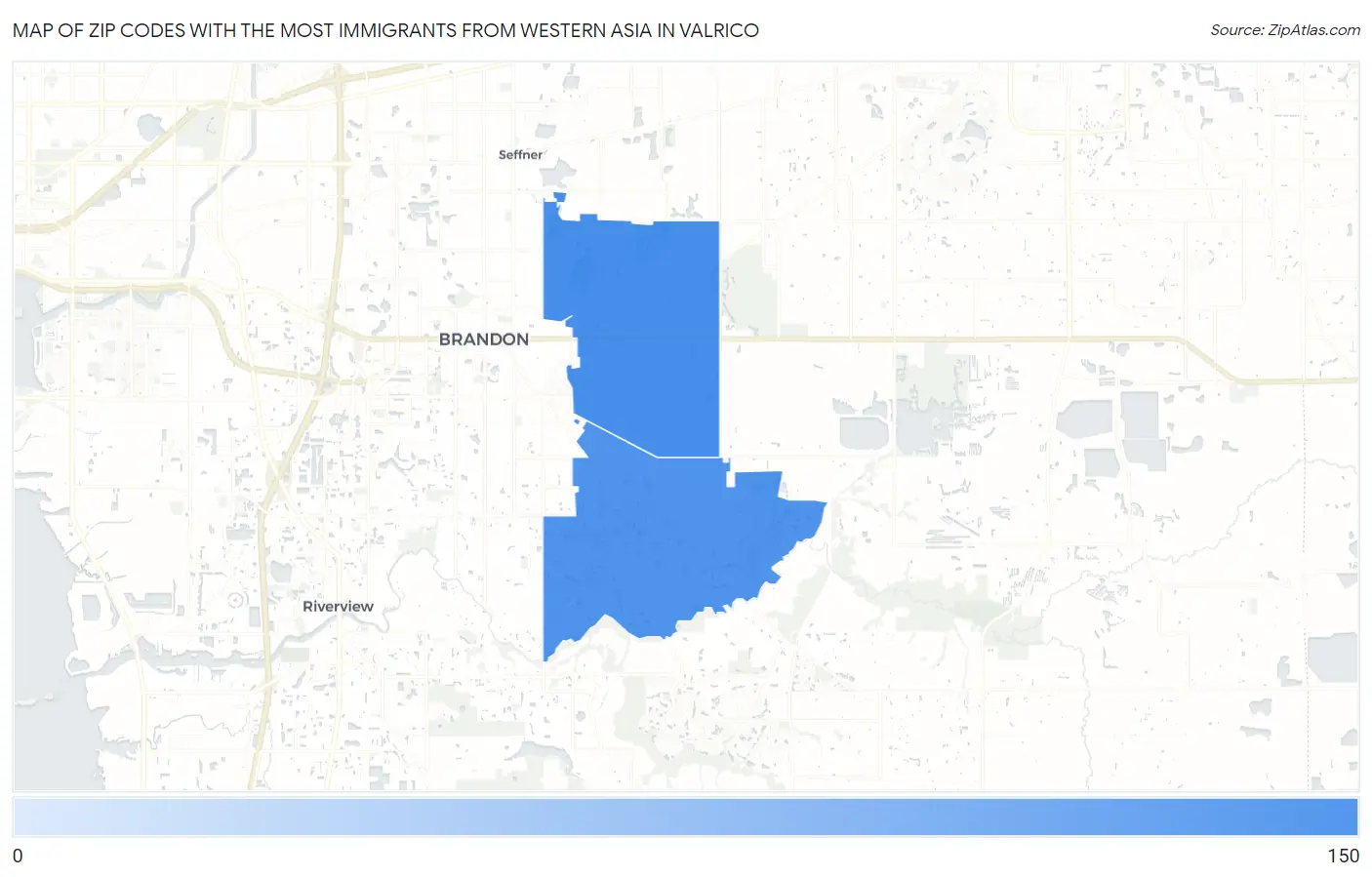 Zip Codes with the Most Immigrants from Western Asia in Valrico Map