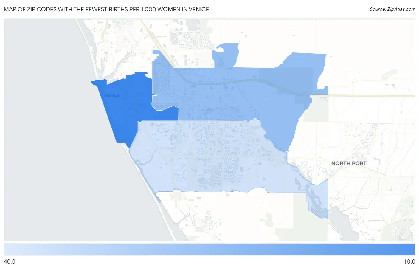 Zip Codes with the Fewest Births per 1,000 Women in Venice Map