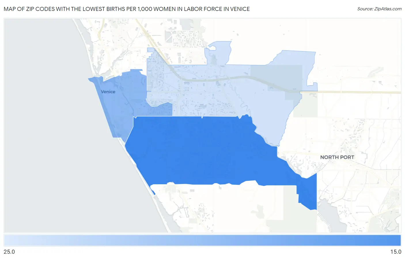 Zip Codes with the Lowest Births per 1,000 Women in Labor Force in Venice Map