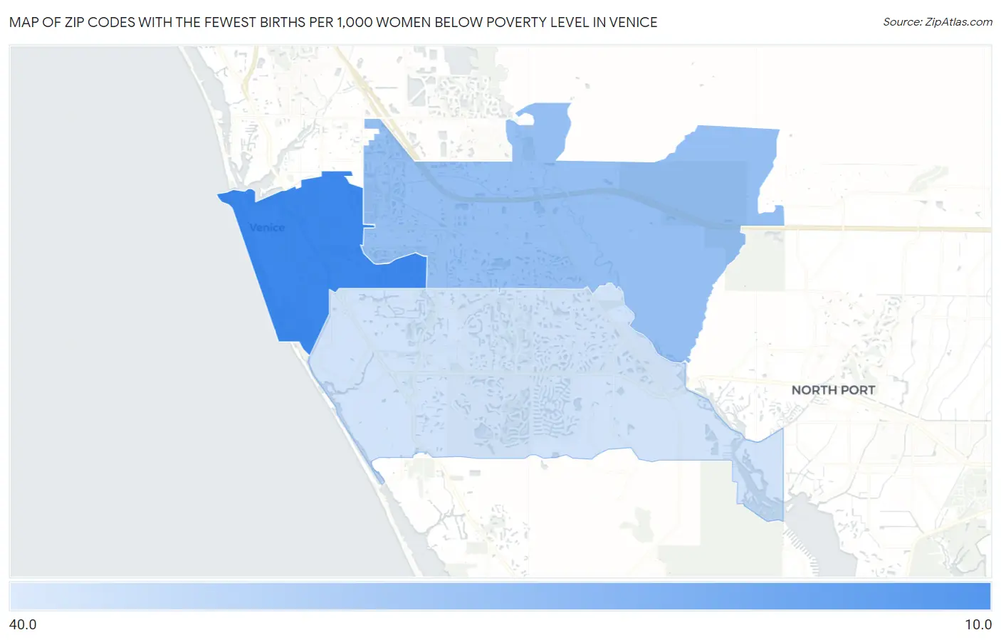 Zip Codes with the Fewest Births per 1,000 Women Below Poverty Level in Venice Map