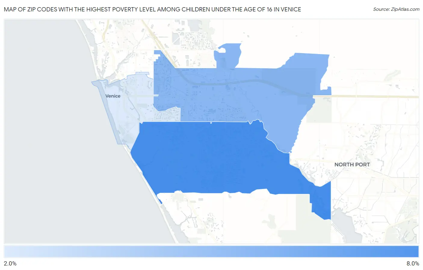 Zip Codes with the Highest Poverty Level Among Children Under the Age of 16 in Venice Map
