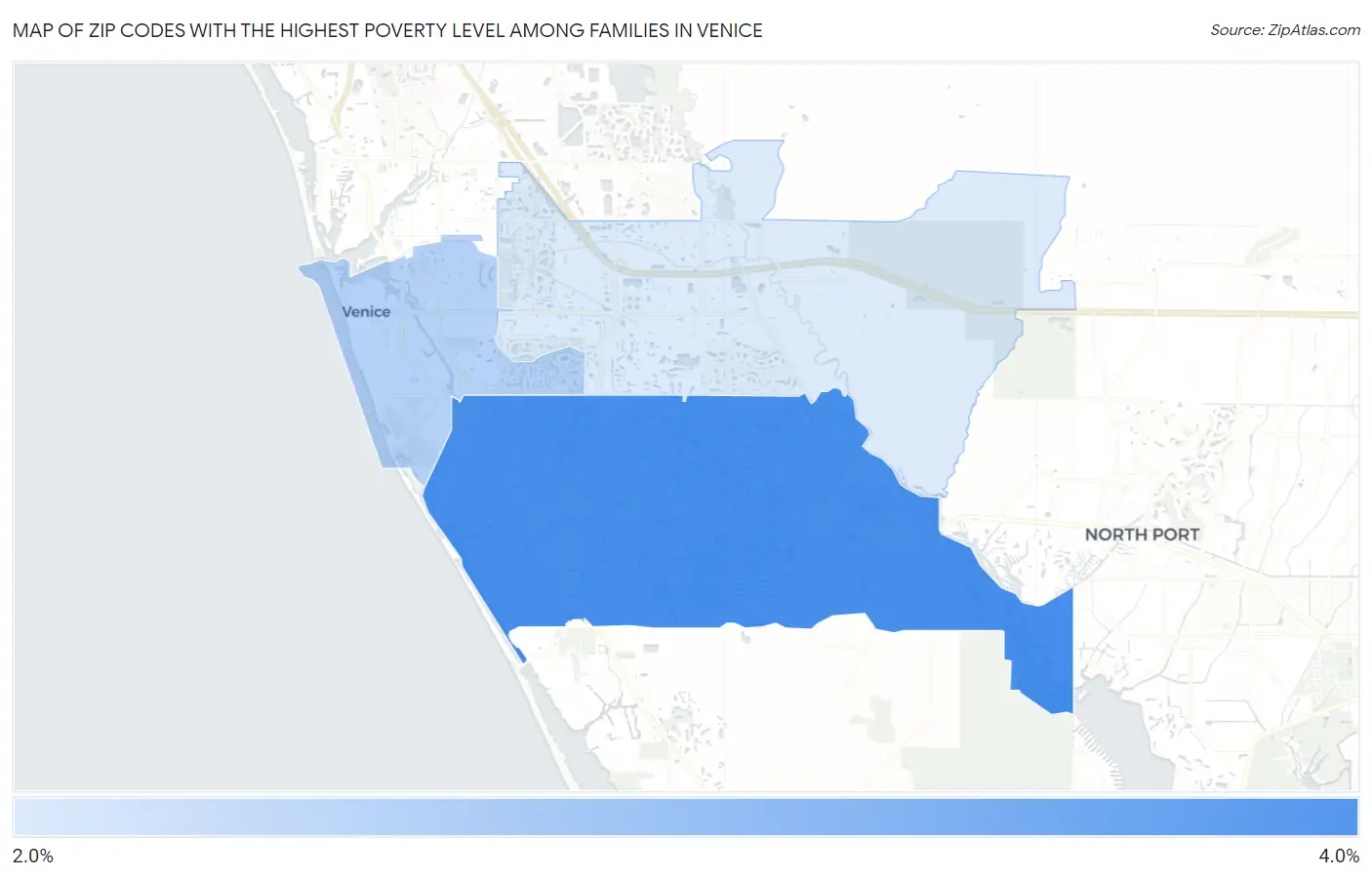 Zip Codes with the Highest Poverty Level Among Families in Venice Map