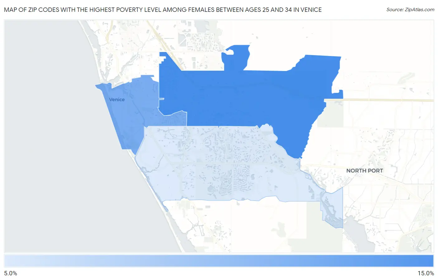 Zip Codes with the Highest Poverty Level Among Females Between Ages 25 and 34 in Venice Map