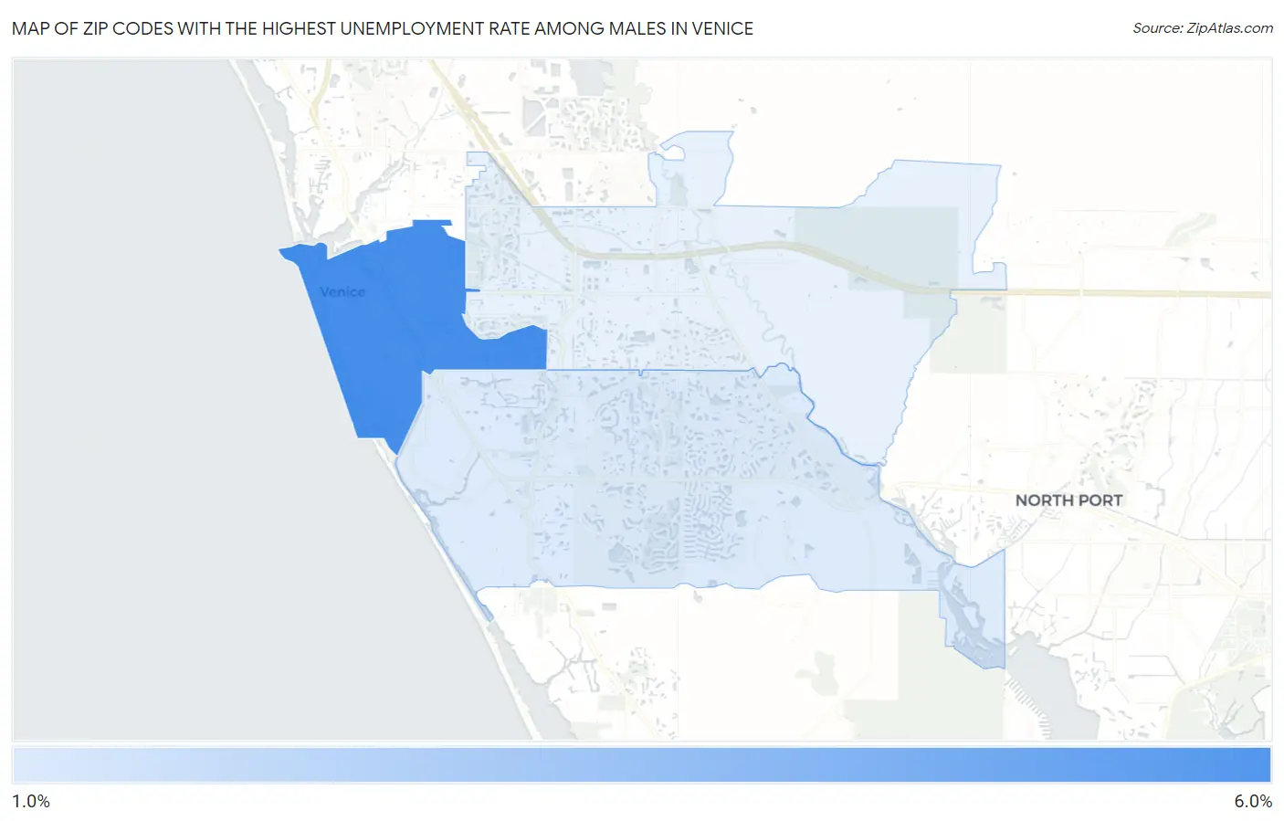 Zip Codes with the Highest Unemployment Rate Among Males in Venice Map