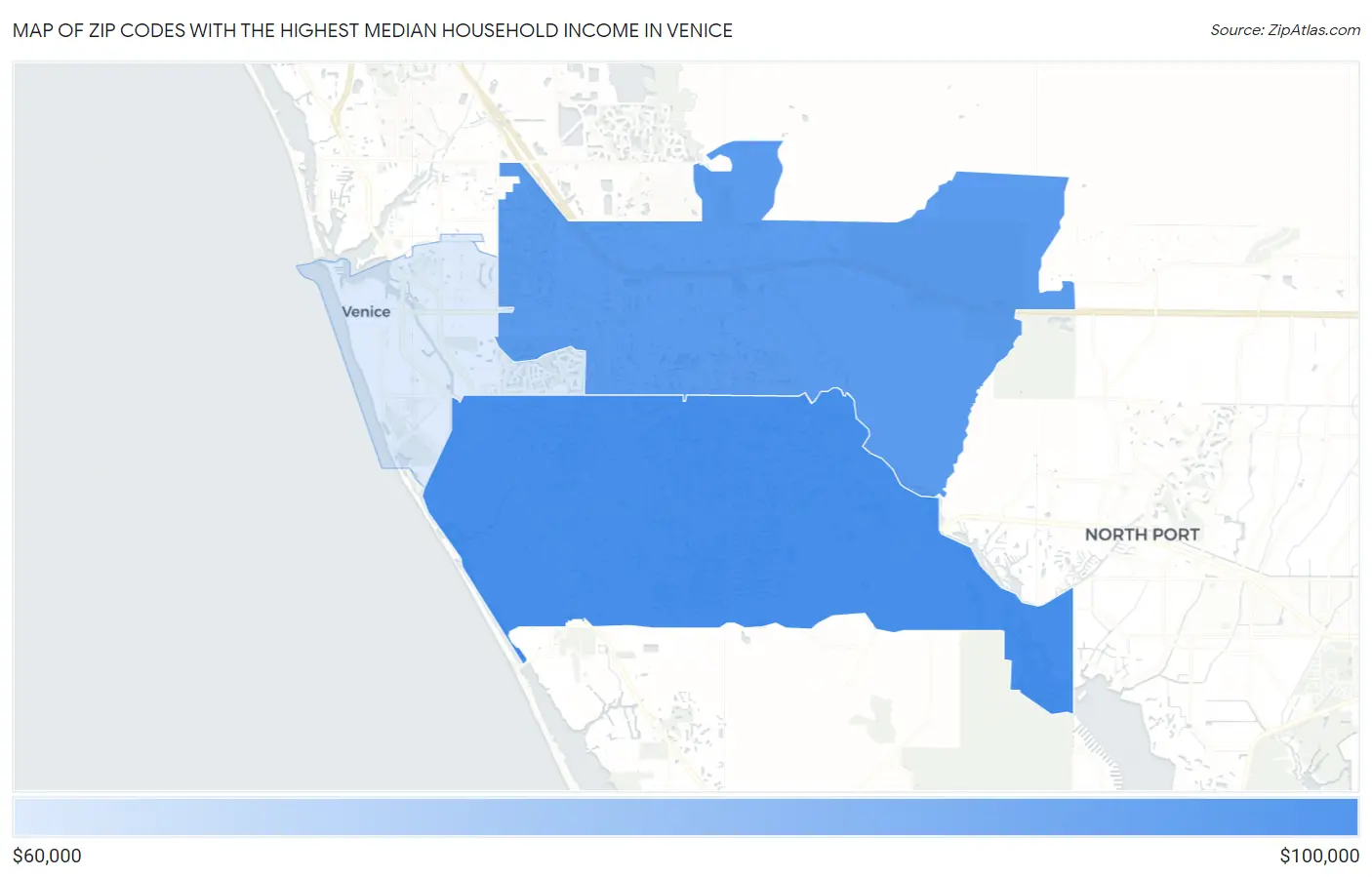 Zip Codes with the Highest Median Household Income in Venice Map