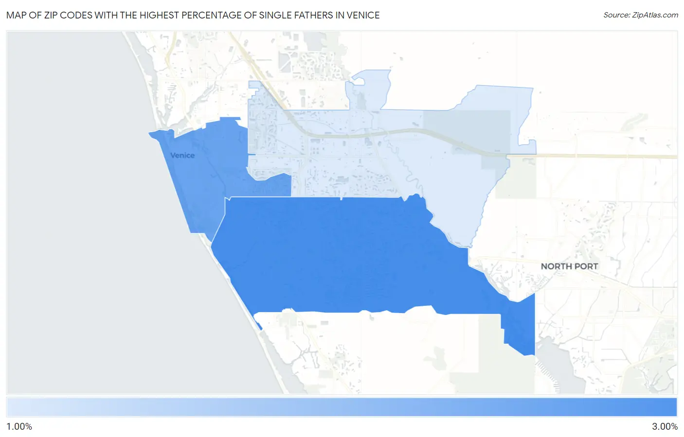 Zip Codes with the Highest Percentage of Single Fathers in Venice Map