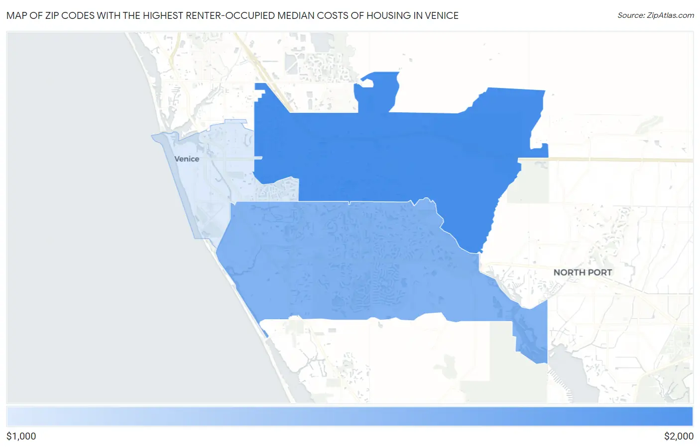 Zip Codes with the Highest Renter-Occupied Median Costs of Housing in Venice Map