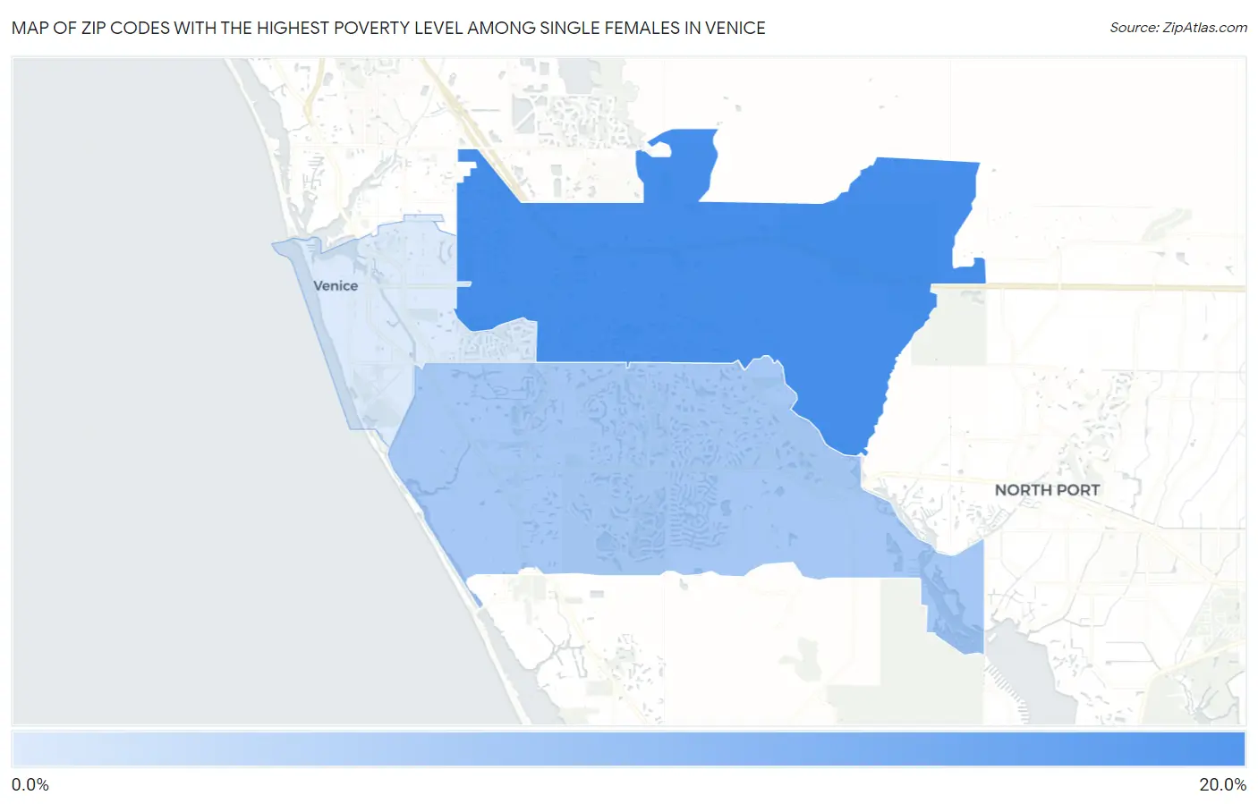 Zip Codes with the Highest Poverty Level Among Single Females in Venice Map