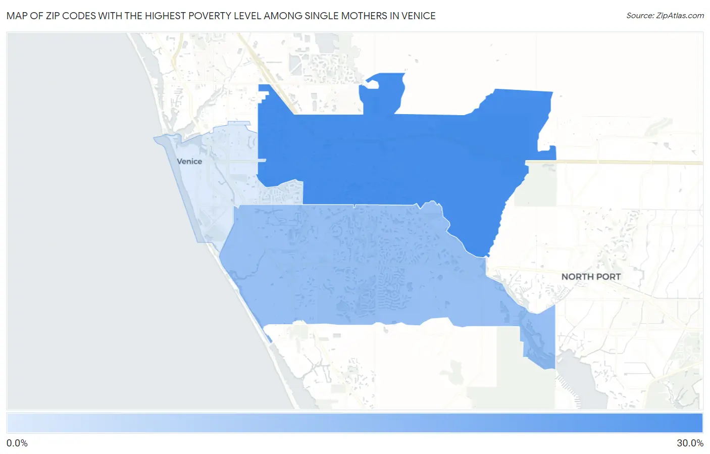 Zip Codes with the Highest Poverty Level Among Single Mothers in Venice Map