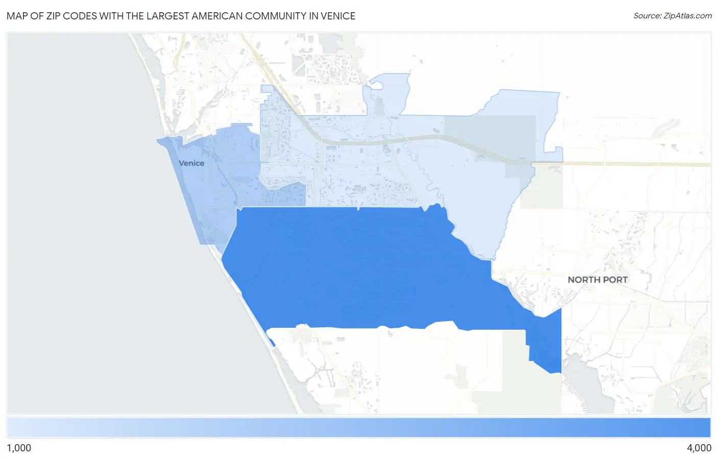 Zip Codes with the Largest American Community in Venice Map